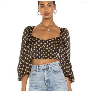 For Love & Lemons Blouse Womens Medium Black Orange Polka Dot Puff Sleeve Crop